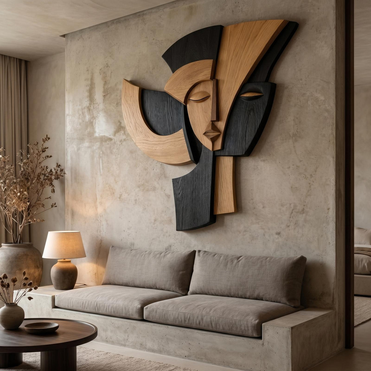 Spry Interior Abstract Wooden Face Wall Decor Panel, Handcrafted Modern Cubist Silhouette Portrait Art Sculpture for Home, SINLHAWD069