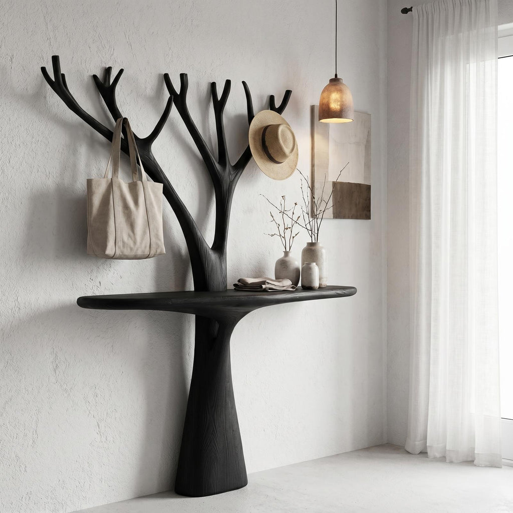 Rustic Organic Wooden Console Table, Live Edge Hallway Entryway Table with Tree Branch Base, Model