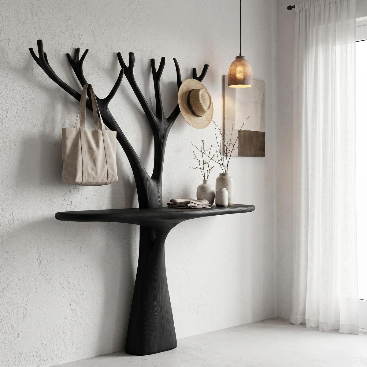 Rustic Organic Wooden Console Table, Live Edge Hallway Entryway Table with Tree Branch Base, Model