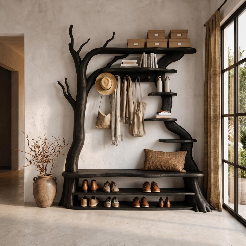 Rustic Tree Shoe Bench Coat Rack Storage Organizer For Entryway Hallway