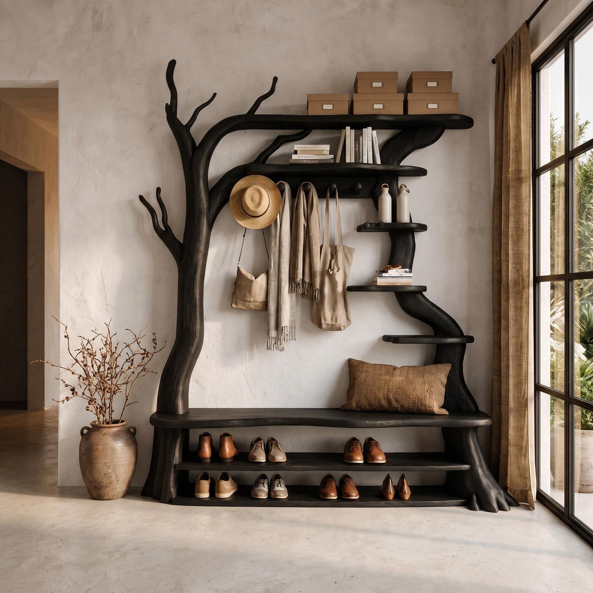 Rustic Tree Shoe Bench Coat Rack Storage Organizer For Entryway Hallway