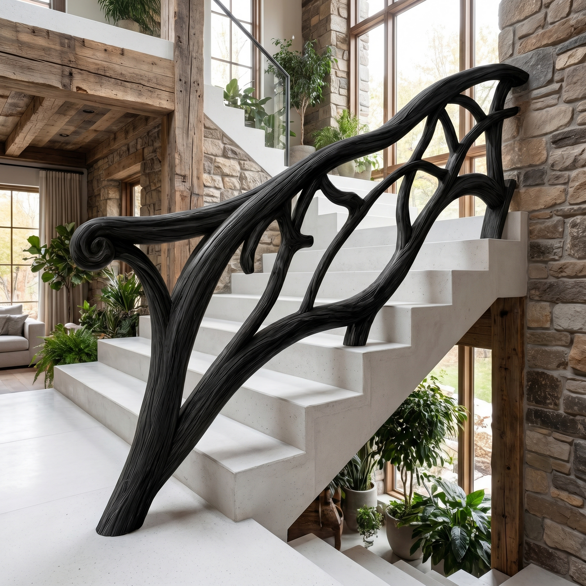 Artistic Tree Branch Stair Railing, Custom Handcrafted Sculptural Wood Handrail for Interior Staircase Remodeling