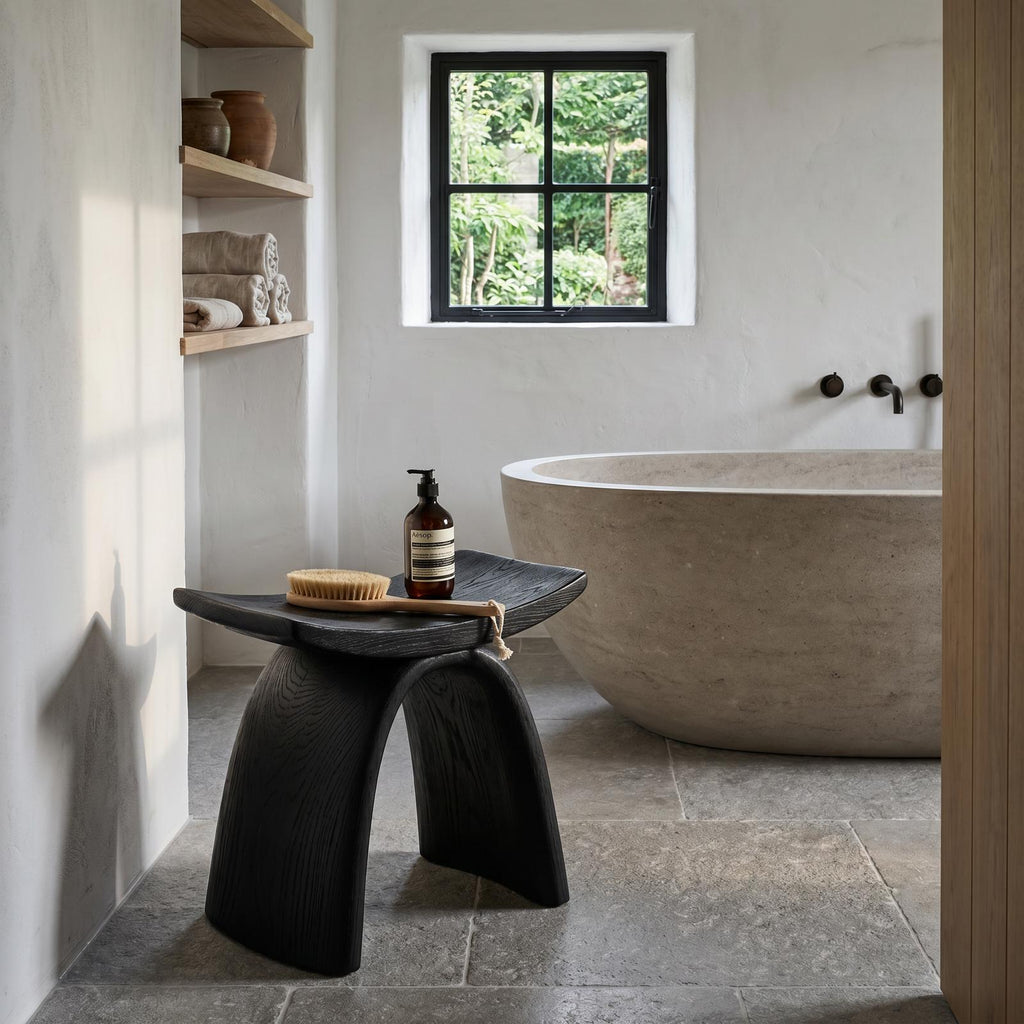 Organic Modern Solid Wood Shower Stool, Sculptural Base Waterproof Bath Seat Bench for Luxury Bathroom Spa