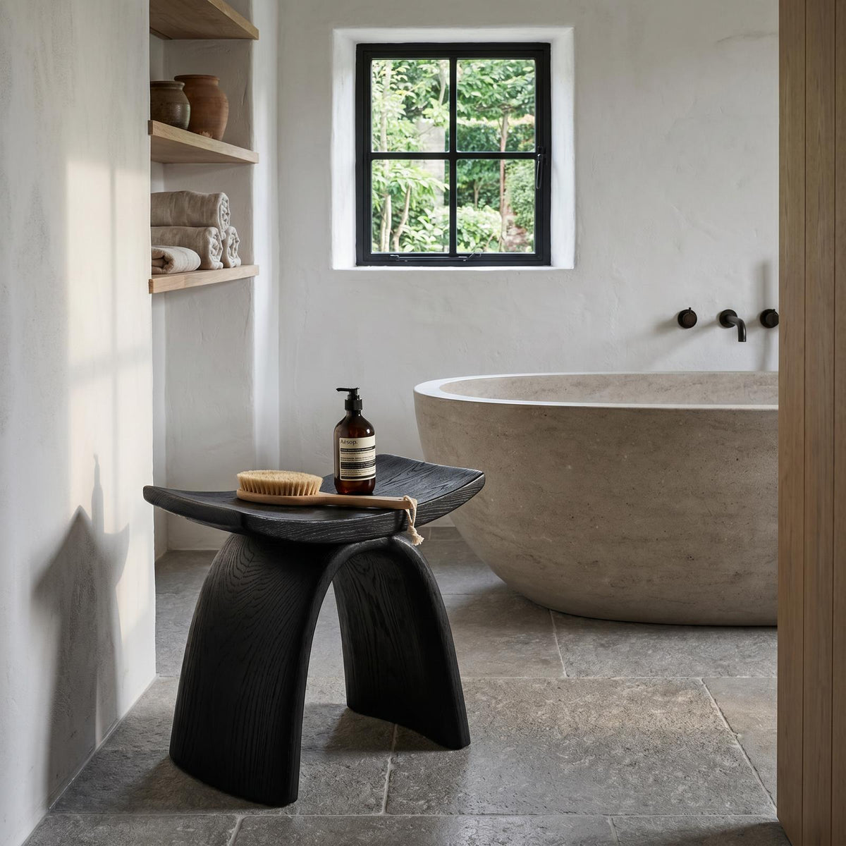 Organic Modern Solid Wood Shower Stool, Sculptural Base Waterproof Bath Seat Bench for Luxury Bathroom Spa