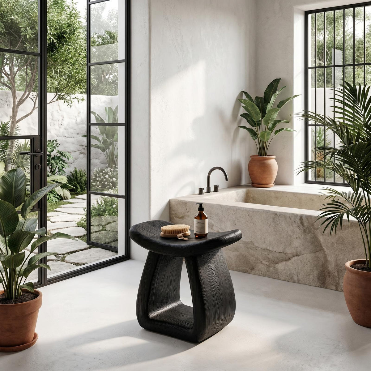 Organic Solid Wood Bath Stool, Handcrafted Pedestal Waterproof Shower Seat for Bathroom Spa and Vanity Decor
