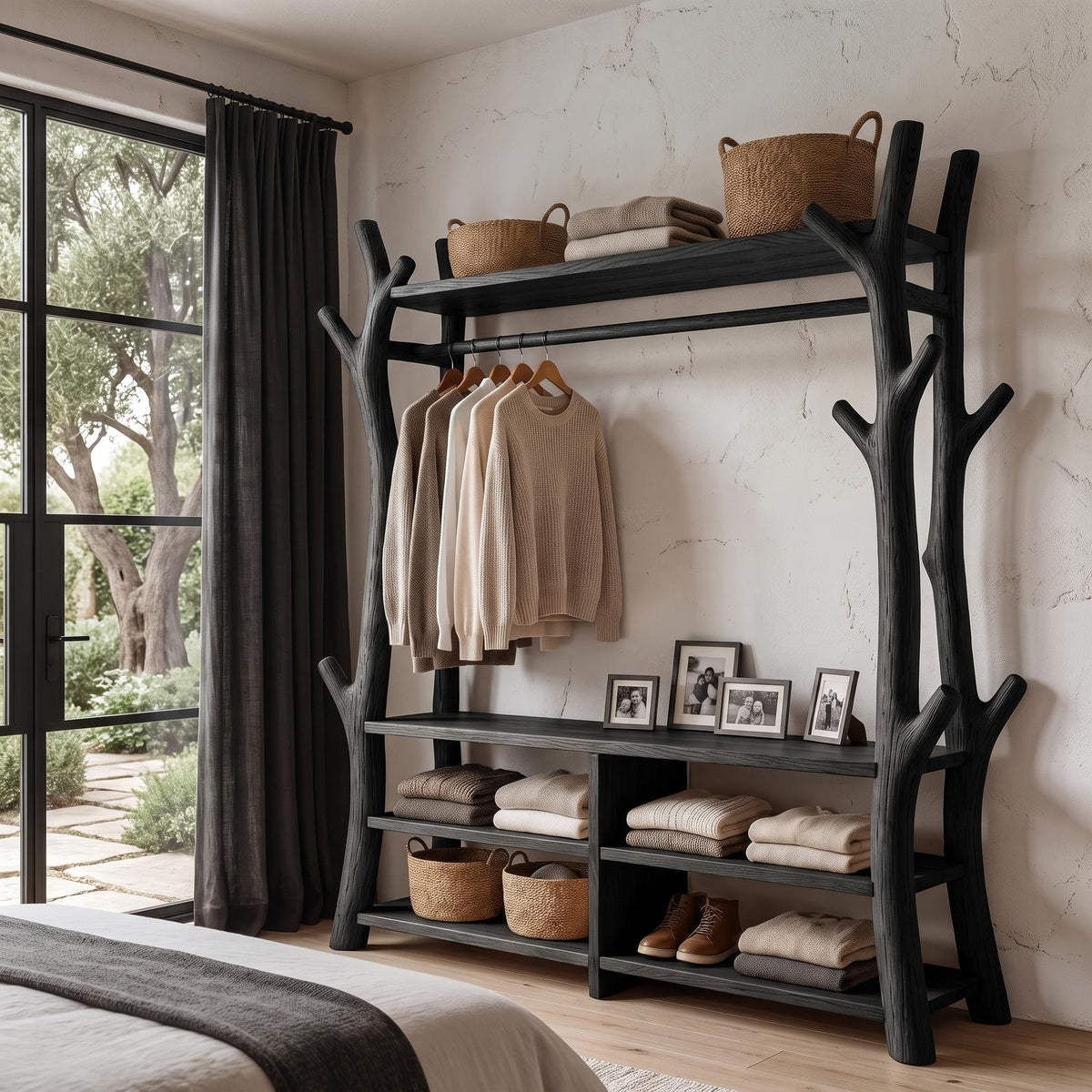 Rustic Tree Coat Rack Shoe Bench Open Storage For Entryway Hallway