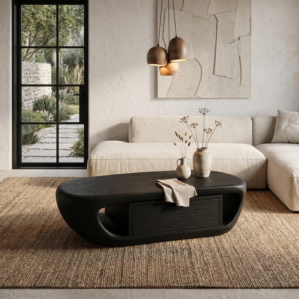 Modern Wood Coffee Table with Built-In Storage Shelf, Sleek Mid-Century Center Table for Living Room