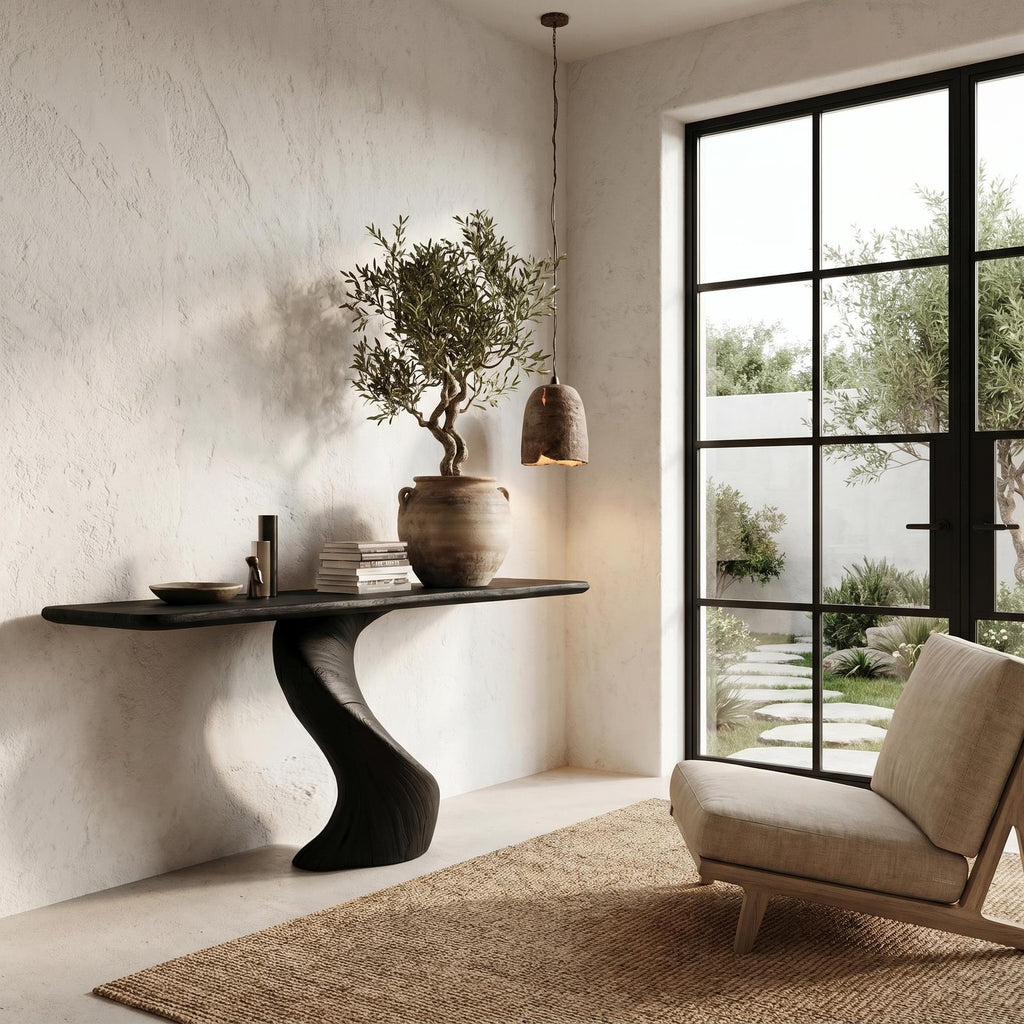 Modern Organic Console Table with Sculptural Twisted Solid Wood Base, Entryway Hallway Sofa Accent Table
