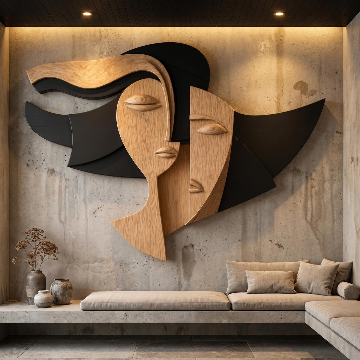 Spry Interior Cubism Style Face Wood Wall Decor Panel, Abstract Handcrafted Portrait Art Sculpture for Living Room Office, SINLHAWD070