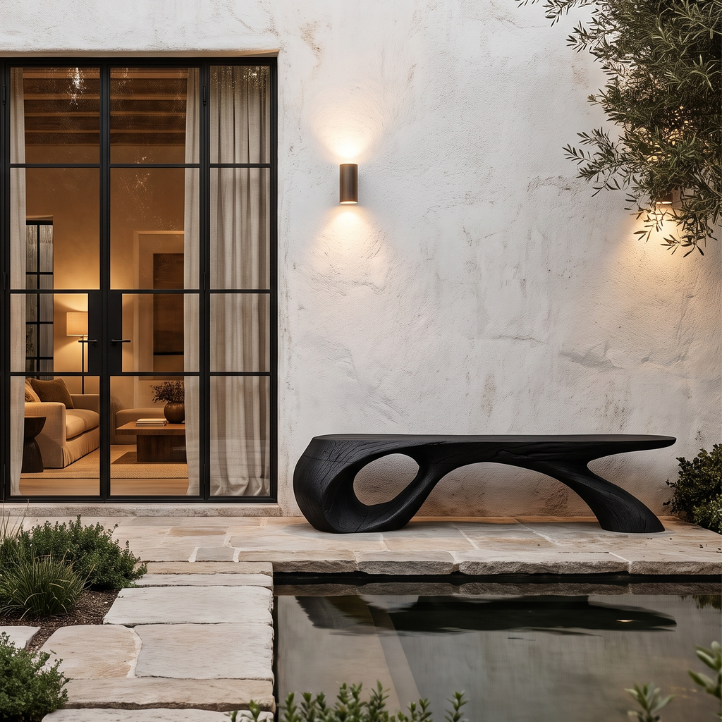 Organic Wood Bench With Sculptural Tree Branch Design For Garden And Patio