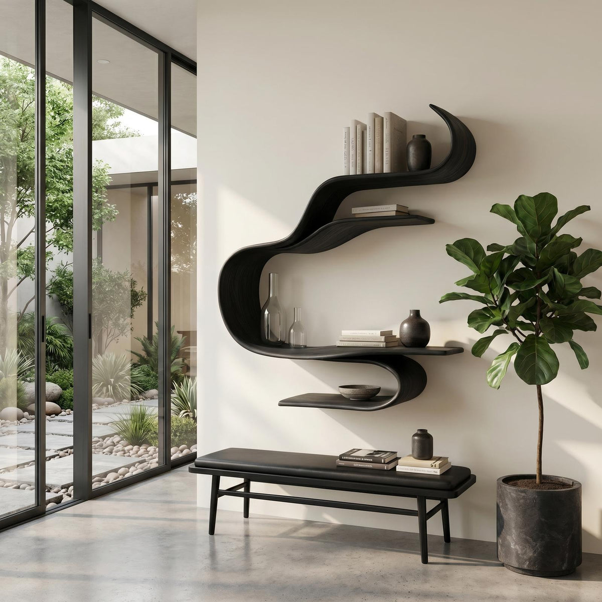 Sculptural Curved Floating Wall Shelf, Modern Solid Wood Display Shelf for Living Room, Bedroom Decor