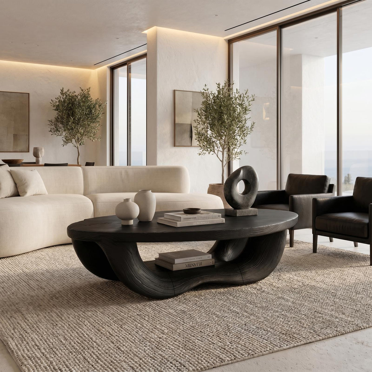 Modern Organic Coffee Table, Handcrafted Curved Solid Wood Center Table for Contemporary Living Room and Lounge