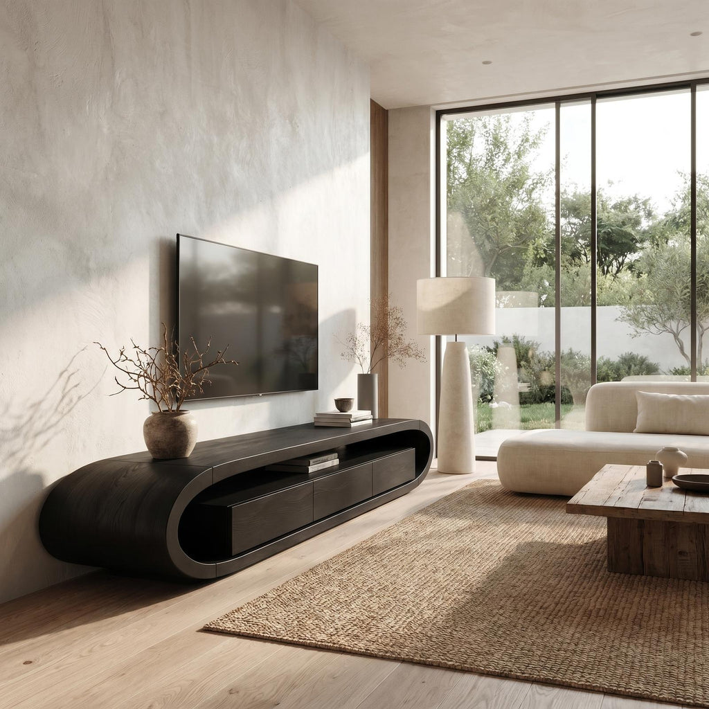 Organic TV Cabinet, Curved Solid Wood Media Console Table with Built-in Drawer Storage for Living Room