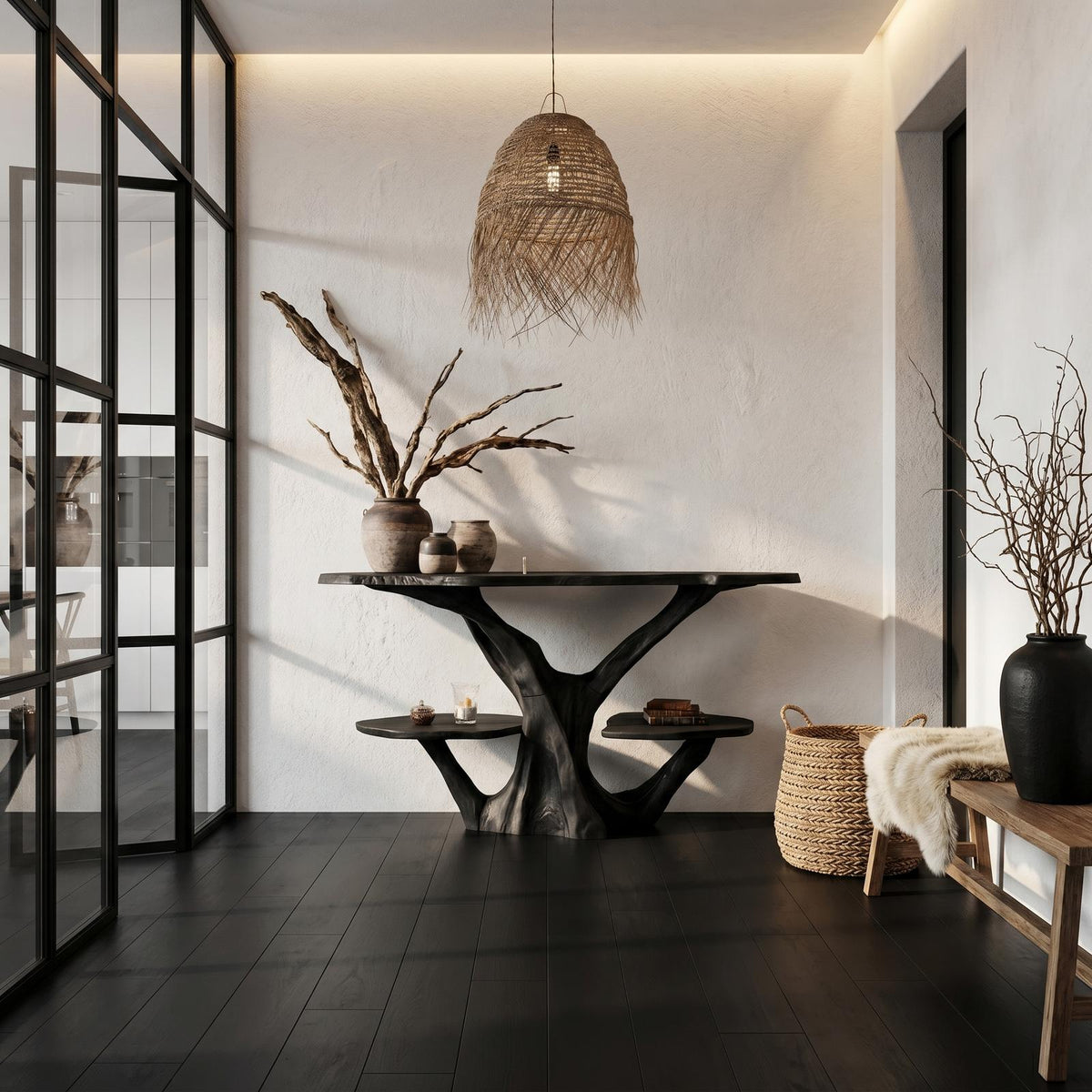 Organic Console Table, Natural Tree Branch Shaped Solid Wood Base Accent Table for Entryway Foyer & Living Room