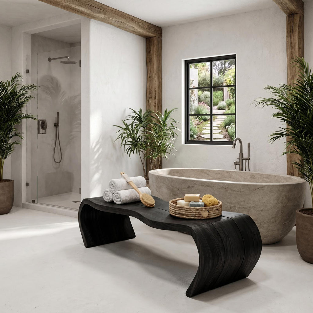 Handcrafted Solid Wood Shower Bench, Waterproof Spa Bath Seat Stool for Bathroom and Sauna, Natural Finish