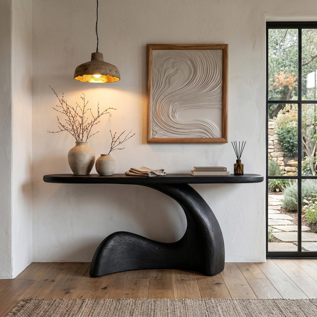 Organic Solid Wood Console Table with Sculptural Curved Base, Modern Entryway Sofa Table for Living Room
