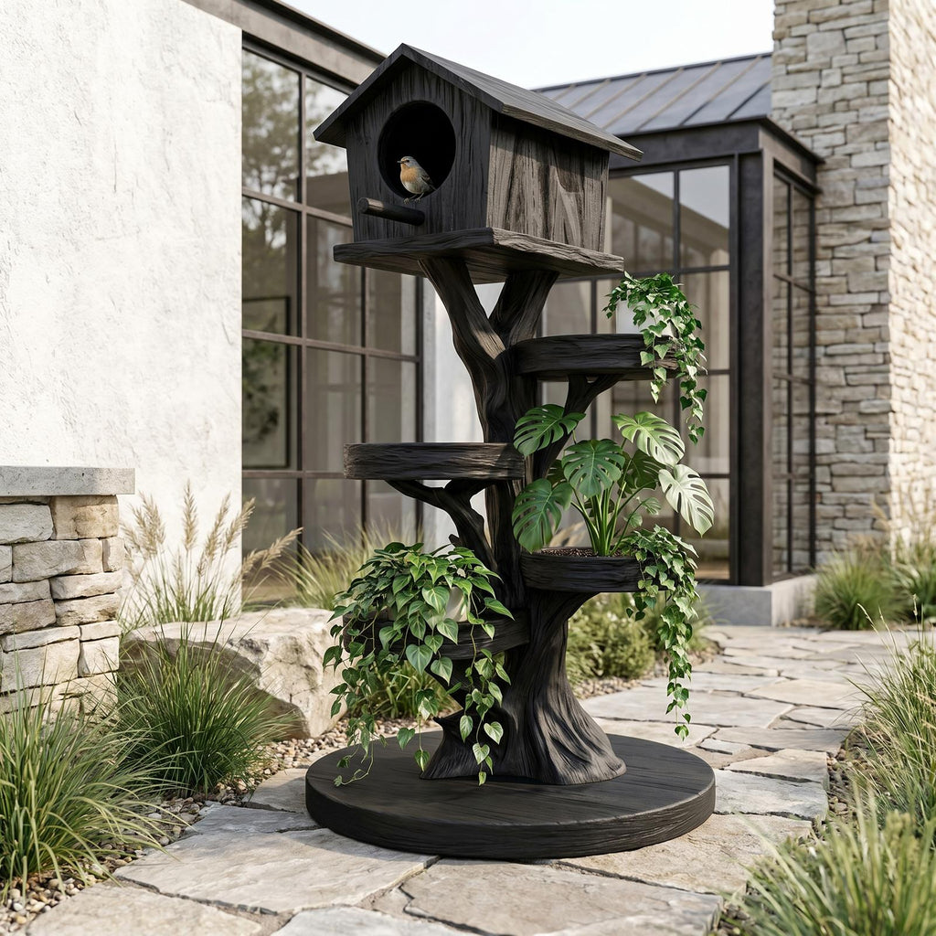 Rustic Tree Birdhouse With Built In Plant Stand For Garden SINLHAGD007