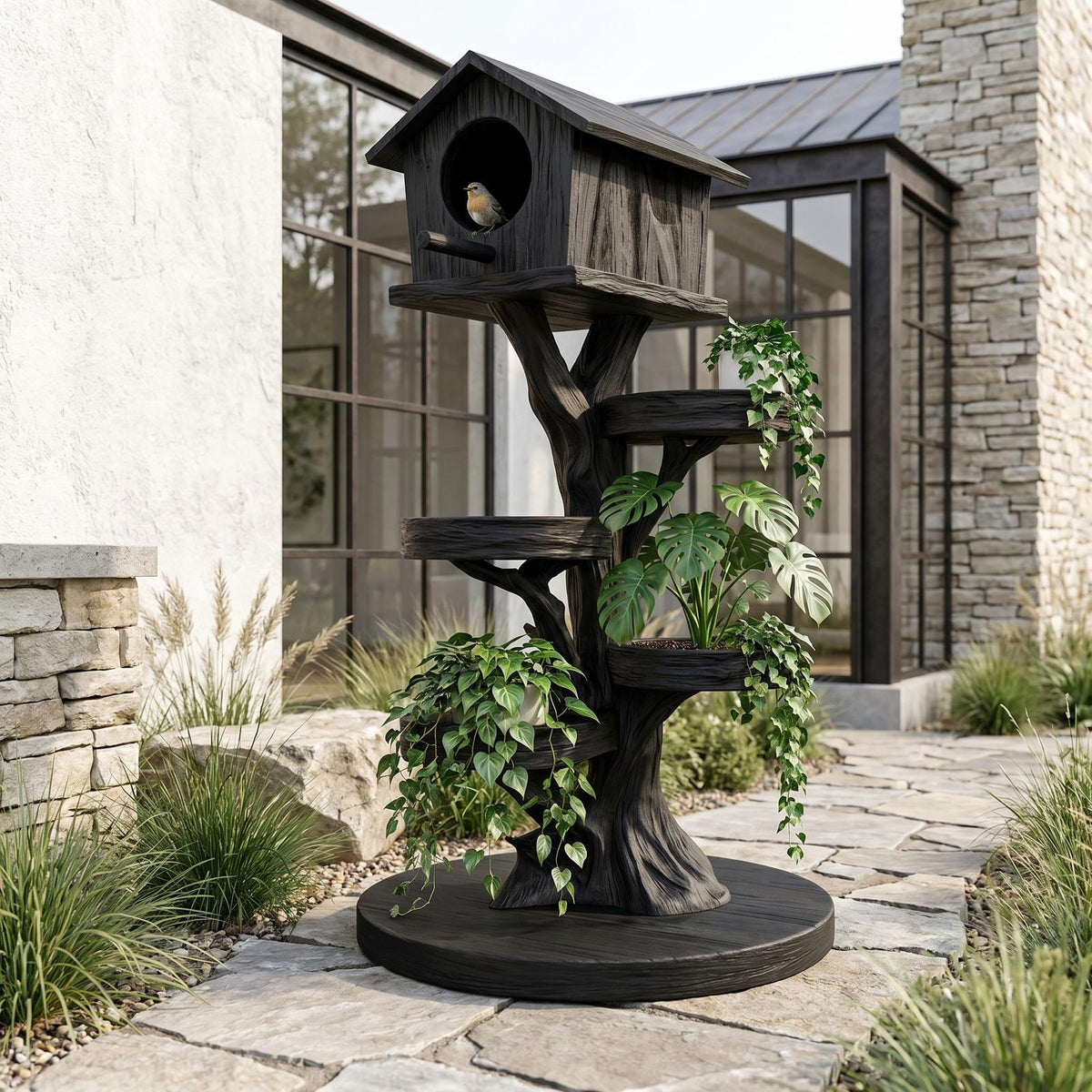 Rustic Tree Birdhouse With Built In Plant Stand For Garden SINLHAGD007