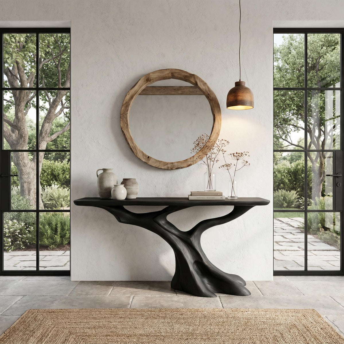 Nature Inspired Solid Wood Console Table with Tree Root Base, Rustic Live Edge Entryway Sofa Table for Living Room