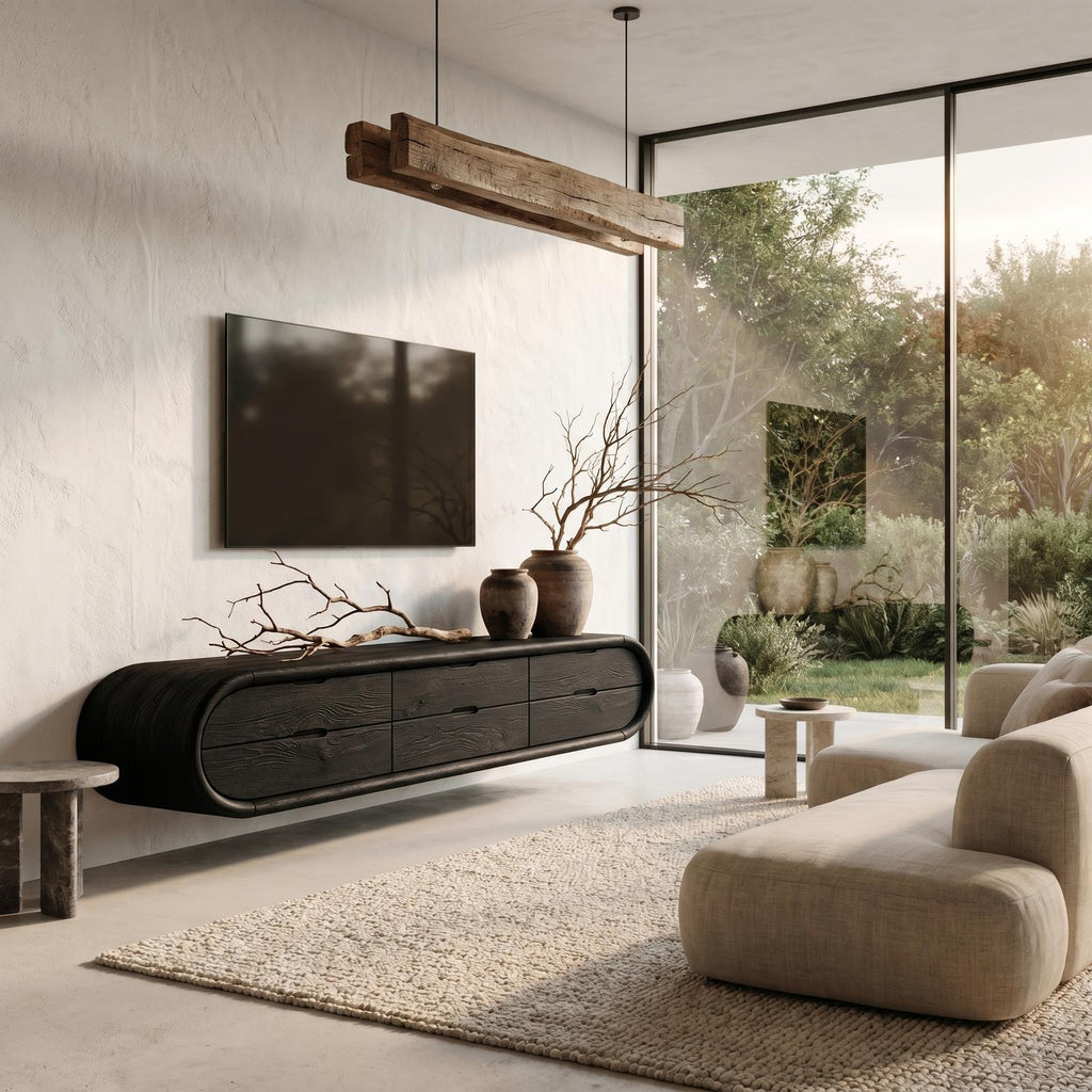 Organic Floating TV Cabinet, Sculptural Curved Solid Wood Wall Mounted Media Console Shelf for Living Room