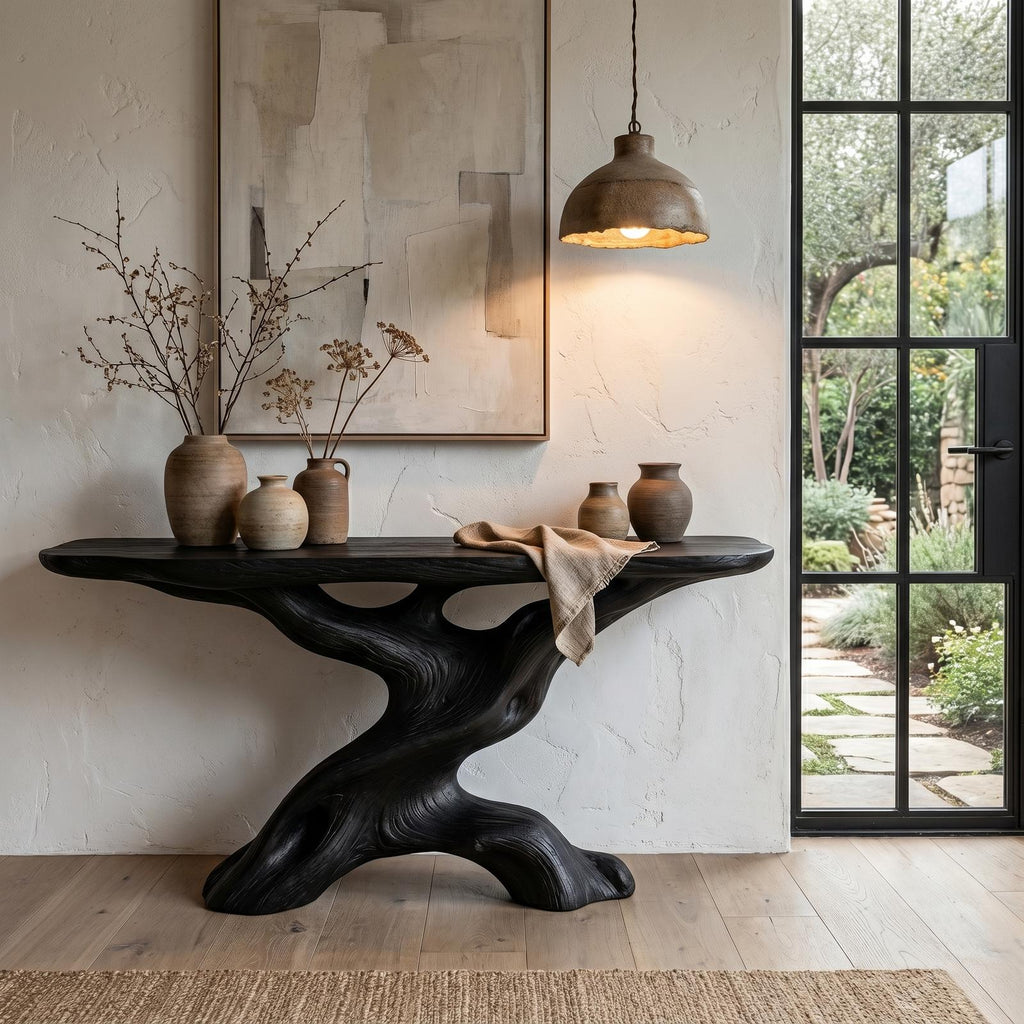 Live Edge Console Table with Sculptural Wood Base, Solid Wood Sofa Accent Table for Living Room