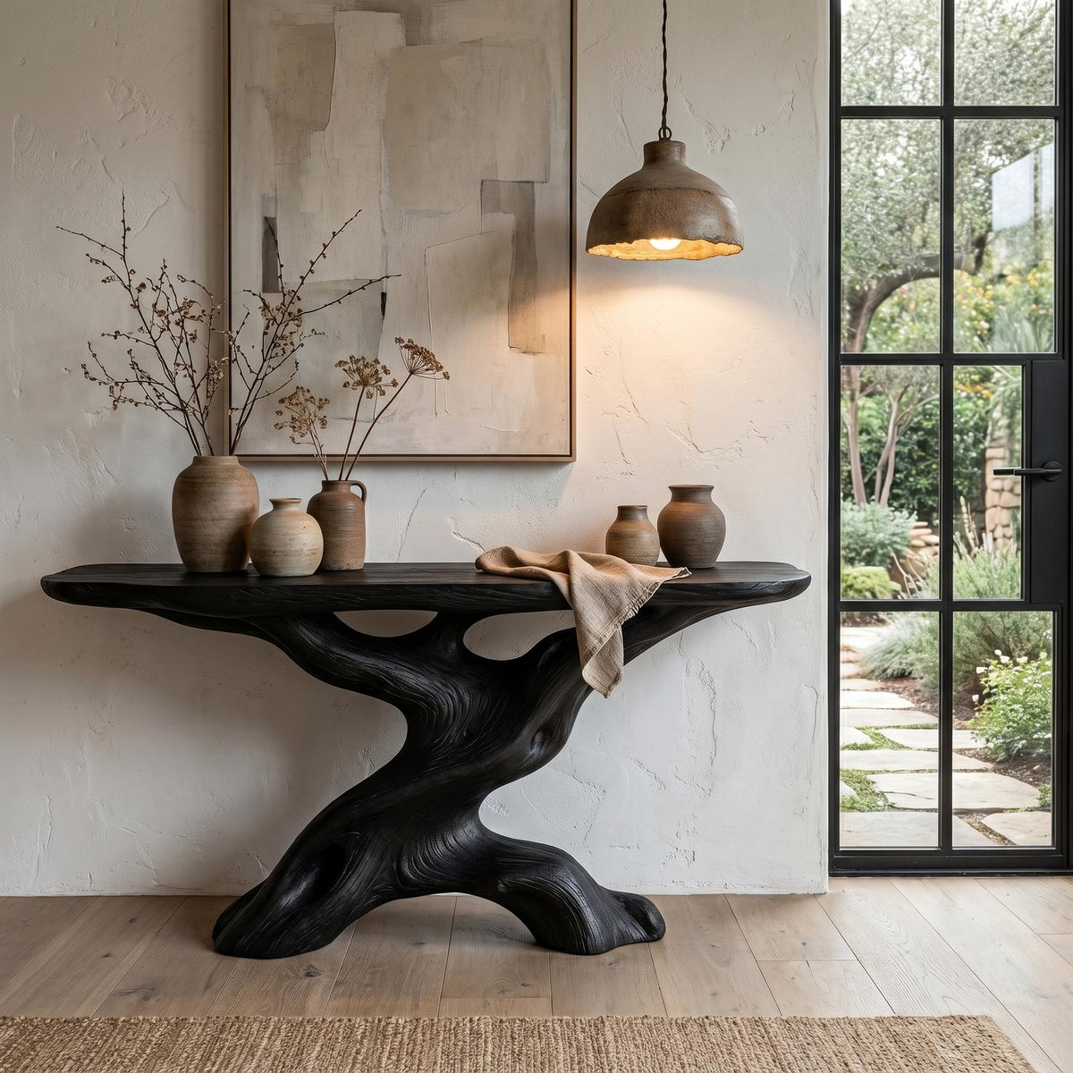 Live Edge Console Table with Sculptural Wood Base, Solid Wood Sofa Accent Table for Living Room