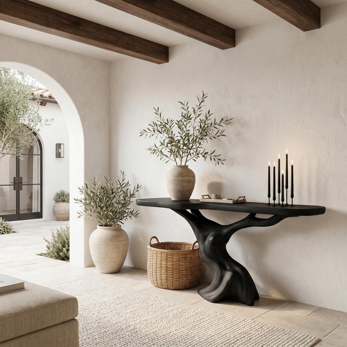 Rustic Organic Console Table, Sculptural Tree Wood Base Sofa Table for Entryway & Living Room