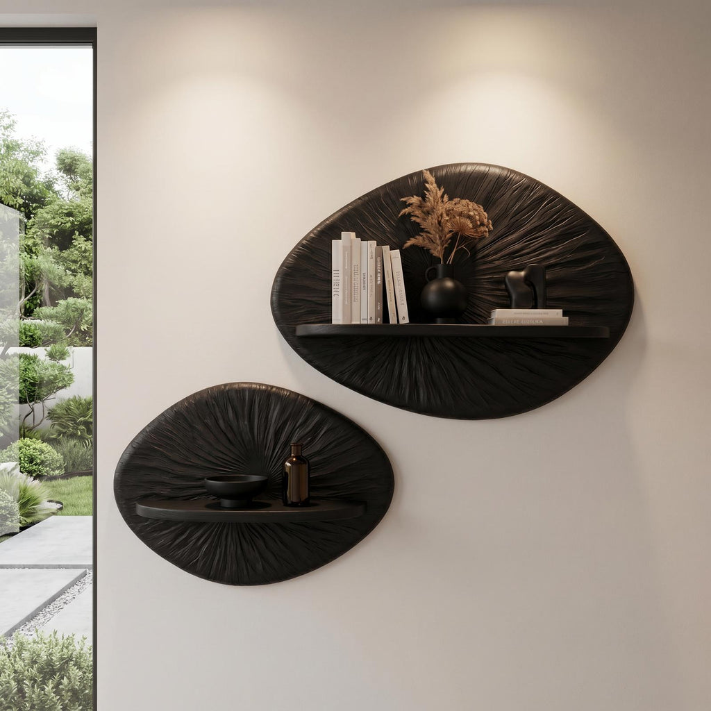 Round Sunburst Floating Wall Shelf, Decorative Handcrafted Solid Wood Display Ledge for Living Room