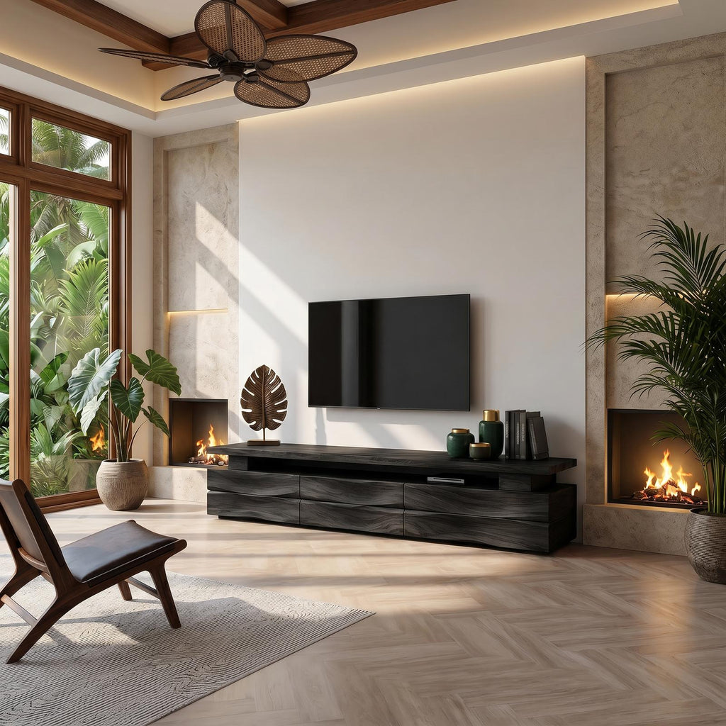 Rustic TV Cabinet with Wave Front Drawers & Open Storage Shelf, Solid Wood Media Entertainment Stand