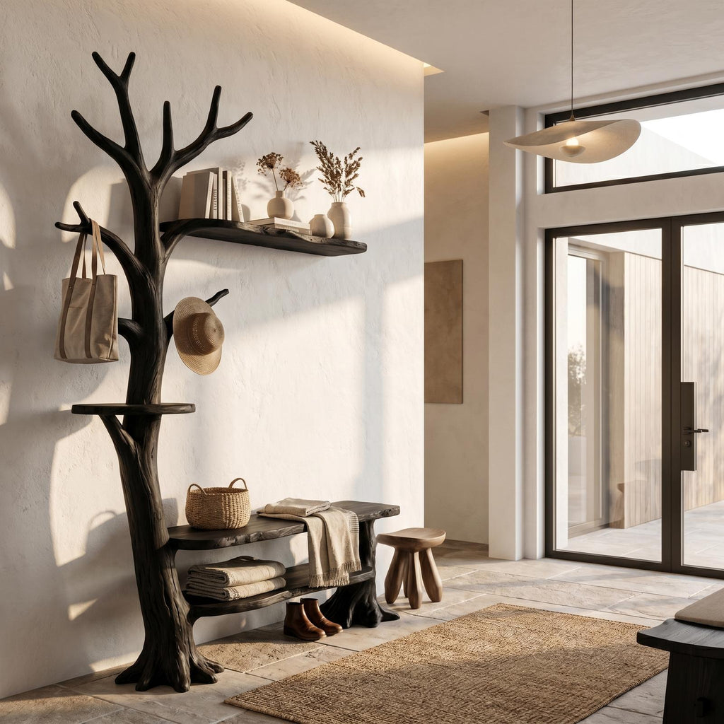 Rustic Tree Coat Rack with Integrated Bench and Floating Shelves, Wood Entryway Hall Tree