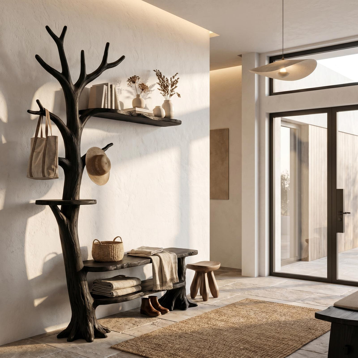 Rustic Tree Coat Rack with Integrated Bench and Floating Shelves, Wood Entryway Hall Tree