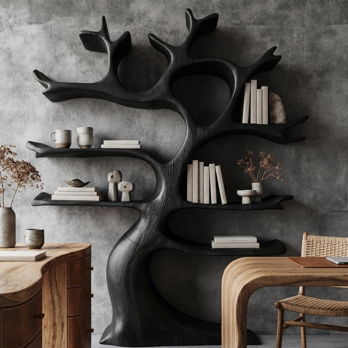Organic Modern Tree Wall Shelf, Branch-Inspired Bookcase & Floating Storage Display