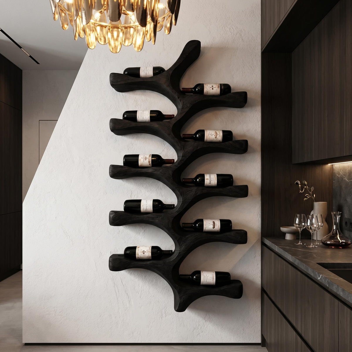 Organic Wall Mounted Wine Rack with Tree Branch Bottle Holders, Handcrafted Wood Wine Rack for Kitchen