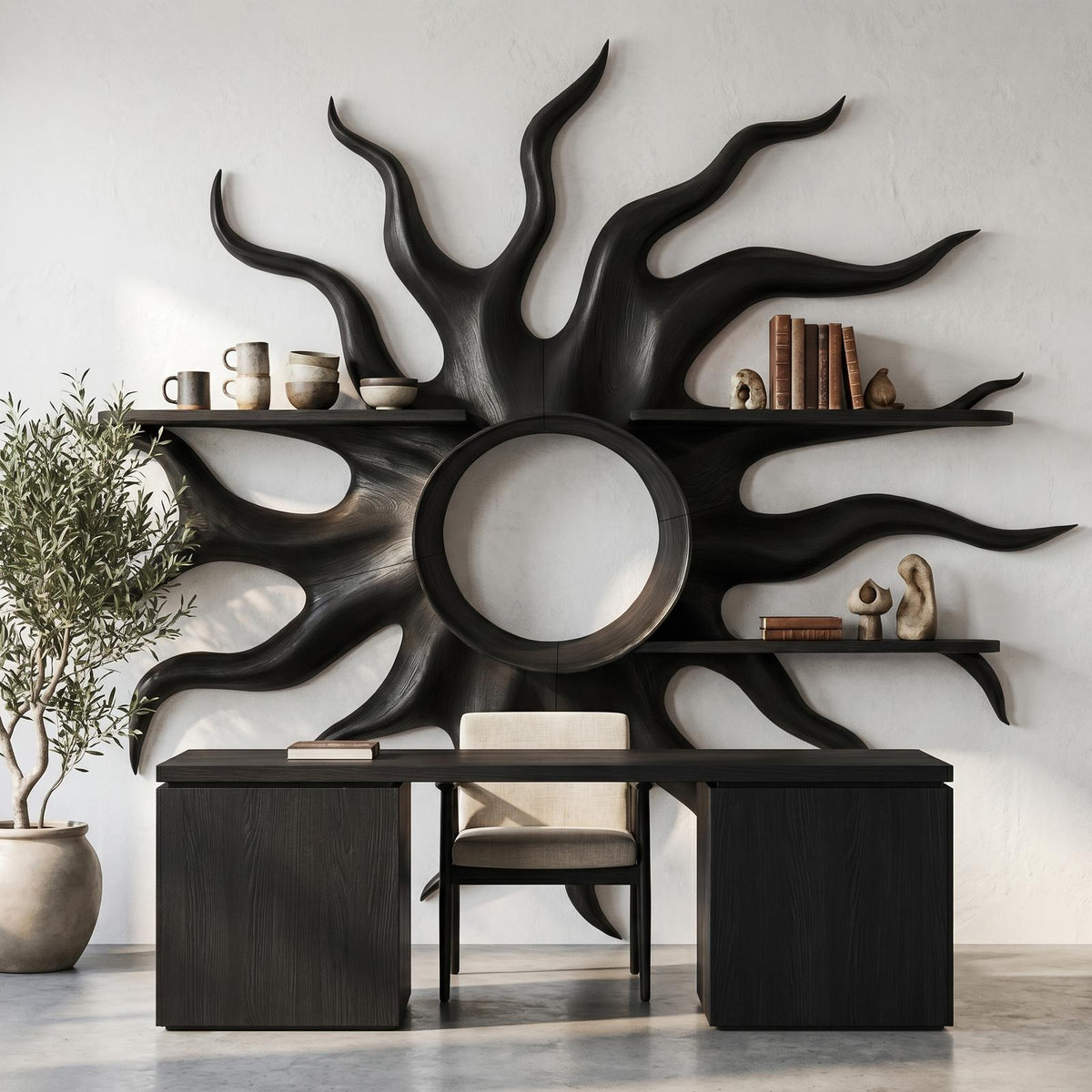 Sculptural Sun Wall Shelf, Floating Wooden Display Rack & Sunburst Wall Art Decor