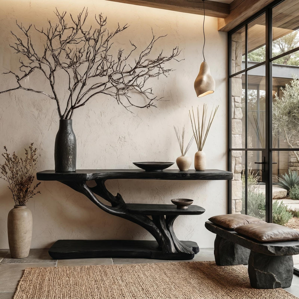 Organic Sculptural Console Table with Handcrafted Solid Wood Base for Entryway, Hallway, & Living Room Accent