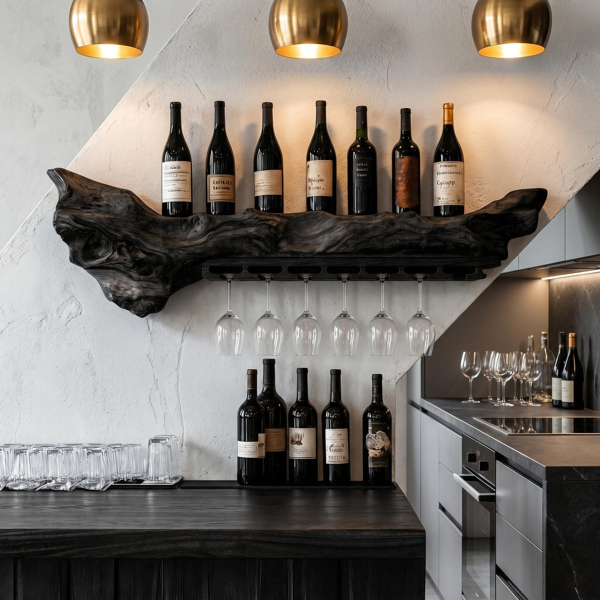 Rustic Live Edge Wall Mounted Wine Rack with Stemware Glass Holder, Hanging Wood Bottle Organizer for Kitchen