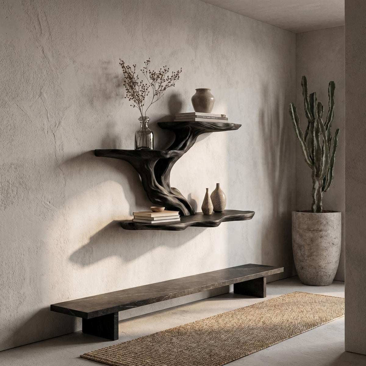 Organic Tree Branch Floating Shelf, Sculptural Wall Storage Solid Wood Ledge