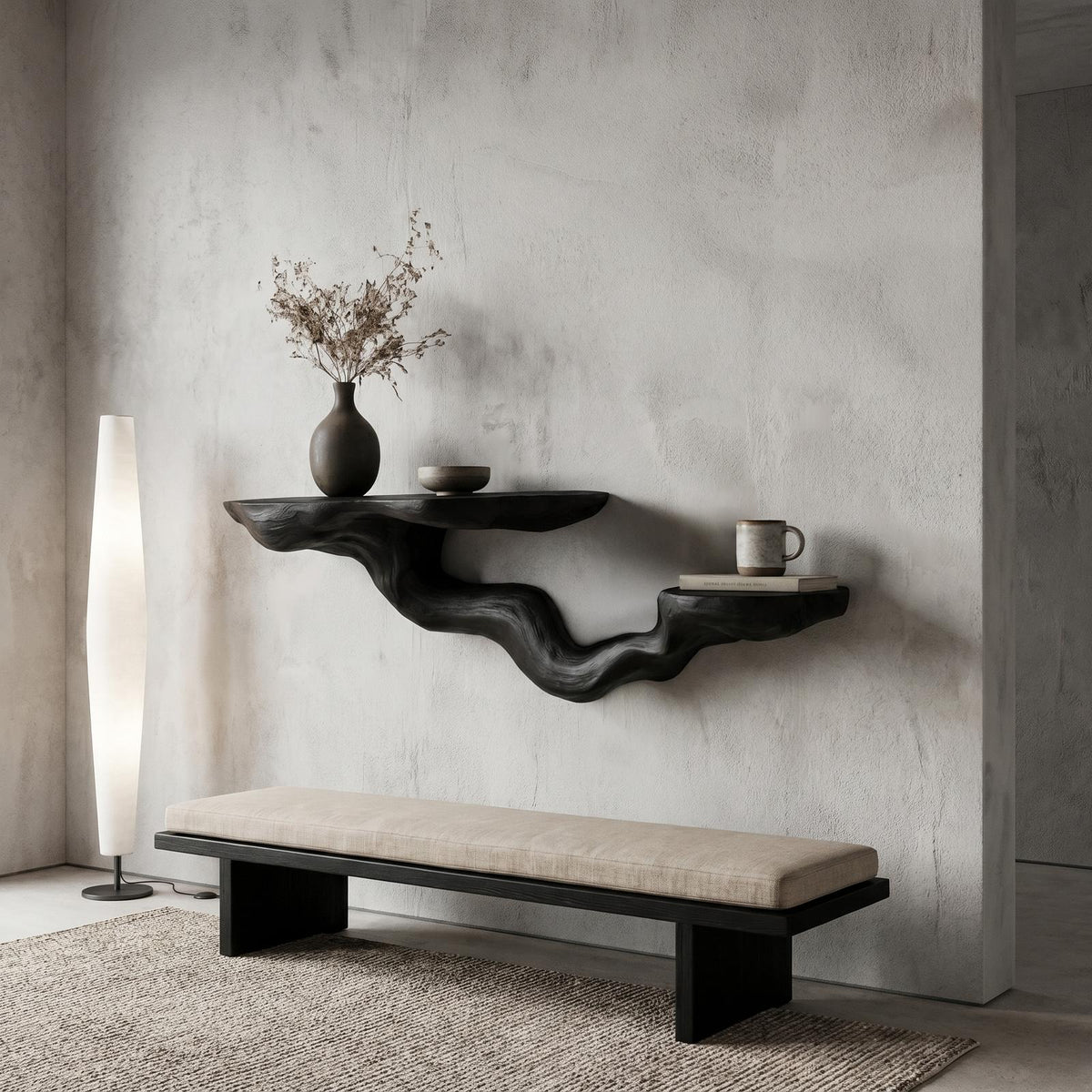 Rustic Floating Shelf with Sculptural Tree Branch Form, Wall Mounted Wood Organizer