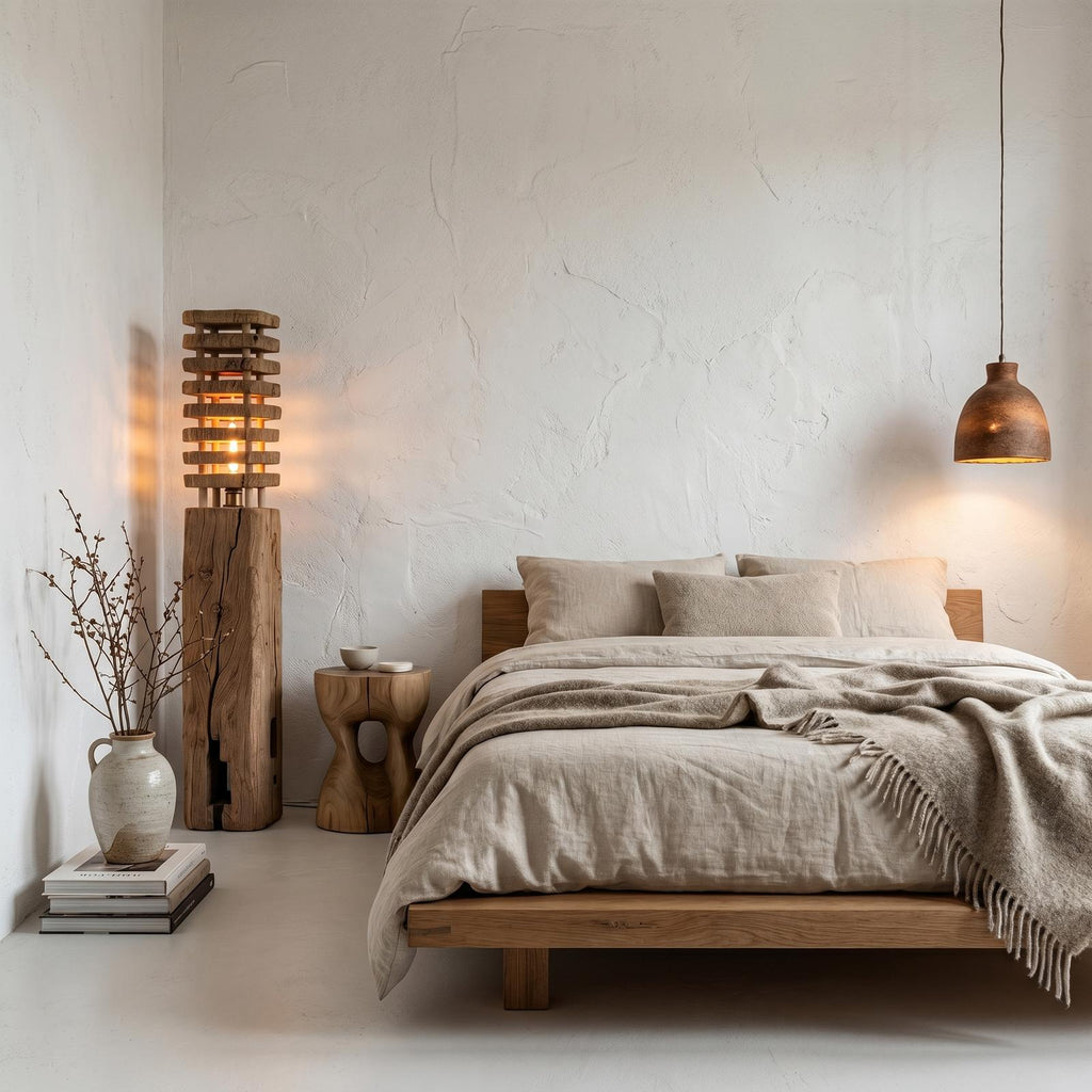 Rustic Wooden Floor Lamp with Sculptural Log Base, Natural Tree Trunk Standing Accent Light for Living Room