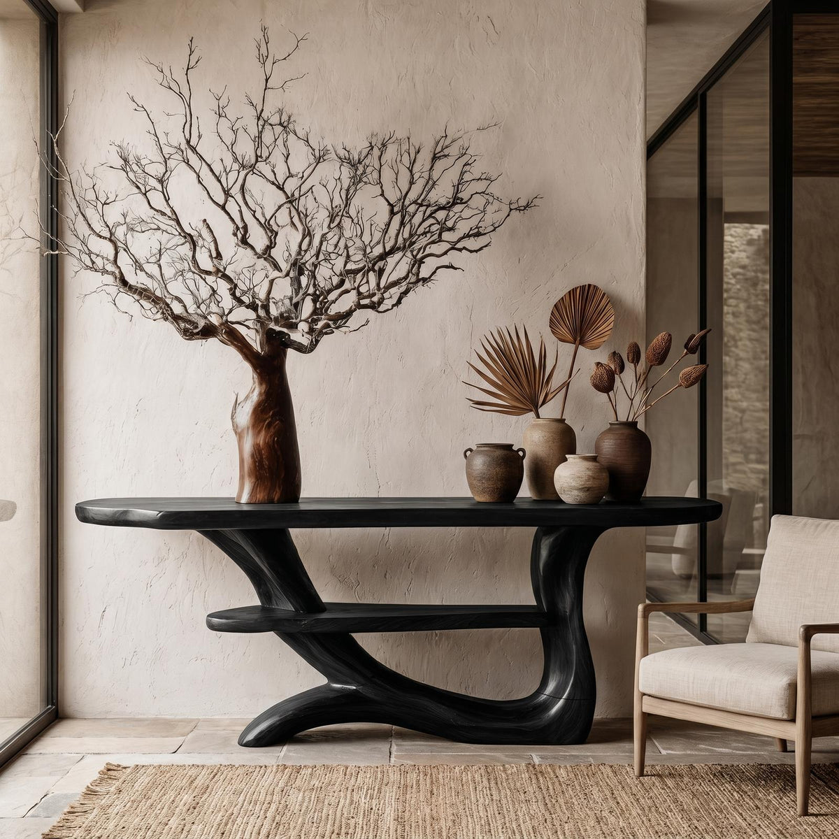 Rustic Solid Wood Console Table with Tree-Inspired Base & Storage Display Shelf for Entryway, Hallway, Living Room