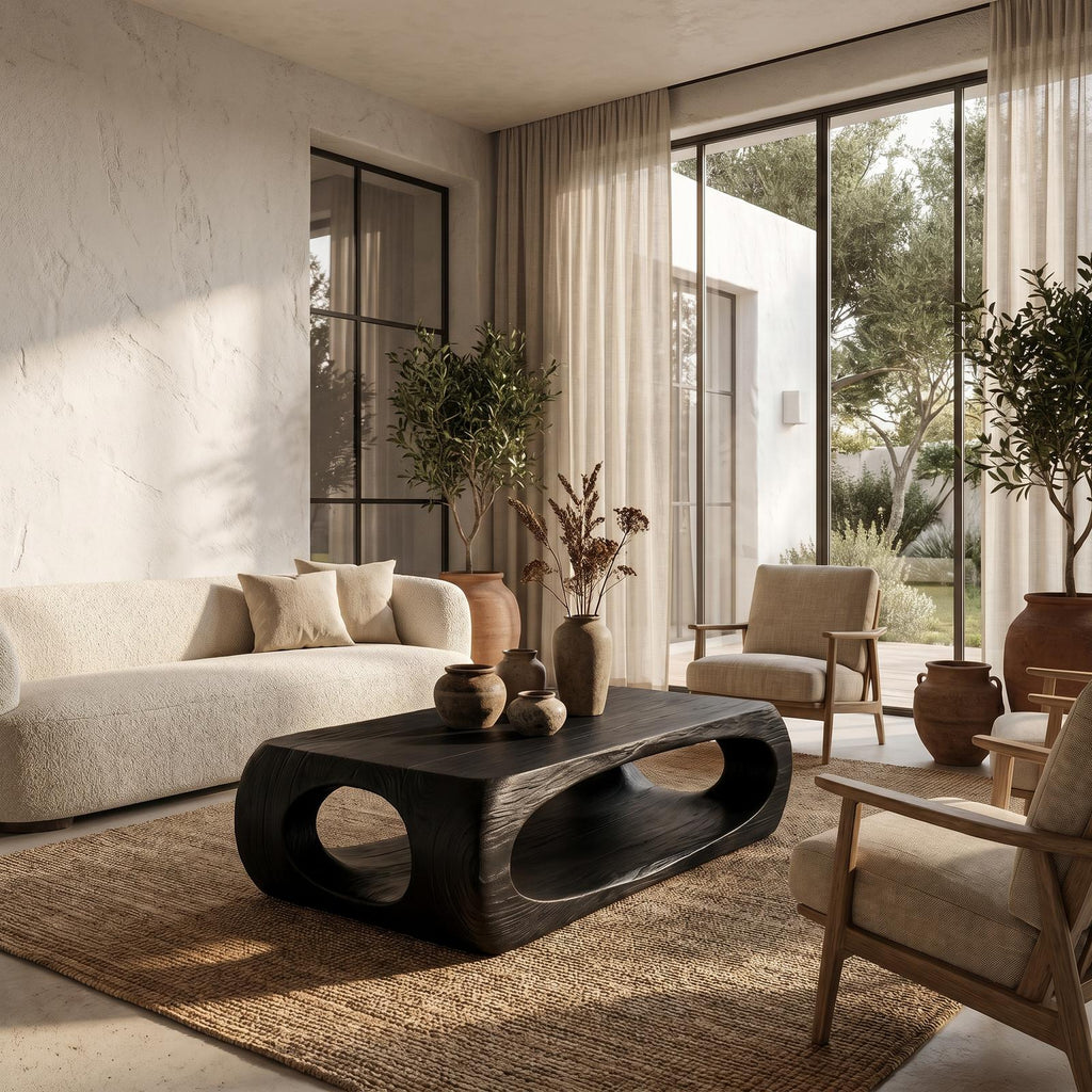 Nature Inspired Coffee Table with Flowing Open Form Base, Handcrafted Organic Solid Wood Center Table, Model