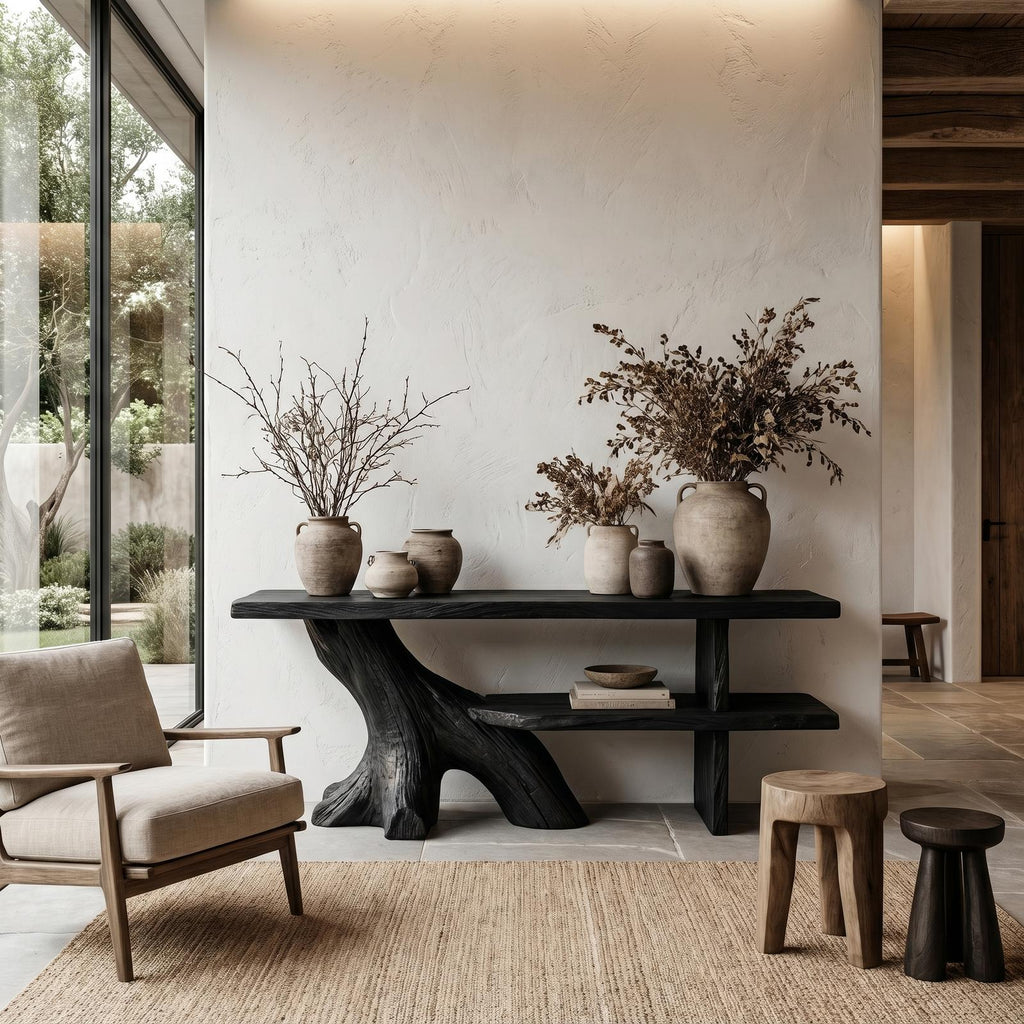 Organic Wood Console Table with Sculptural Tree Branch Base, Rustic Entryway & Living Room Accent Foyer Table