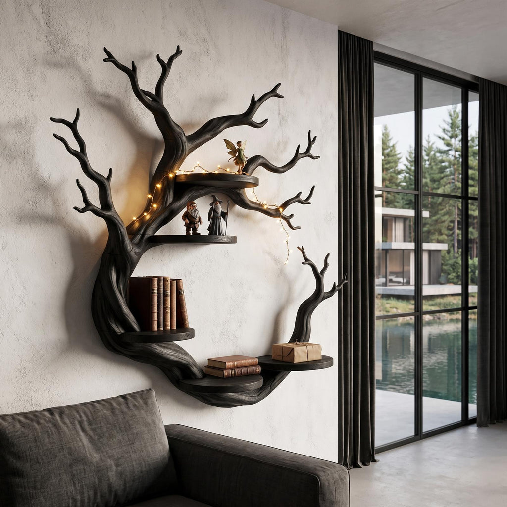 Rustic Tree Bookshelf With Sculptural Circular Branch Design For Living Room