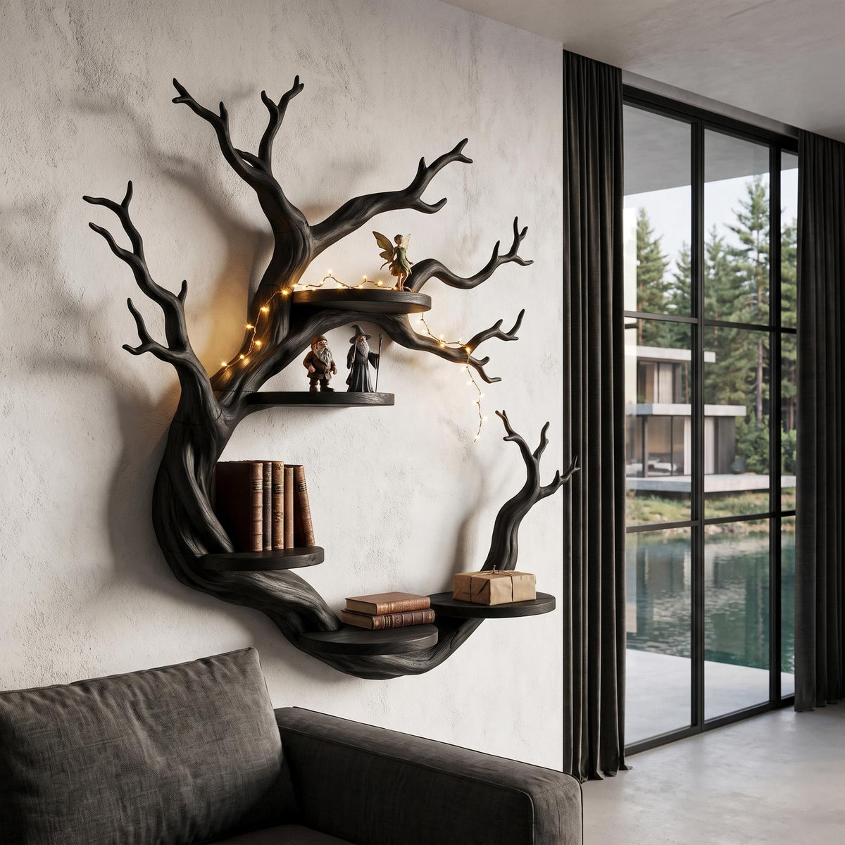 Rustic Tree Bookshelf With Sculptural Circular Branch Design For Living Room