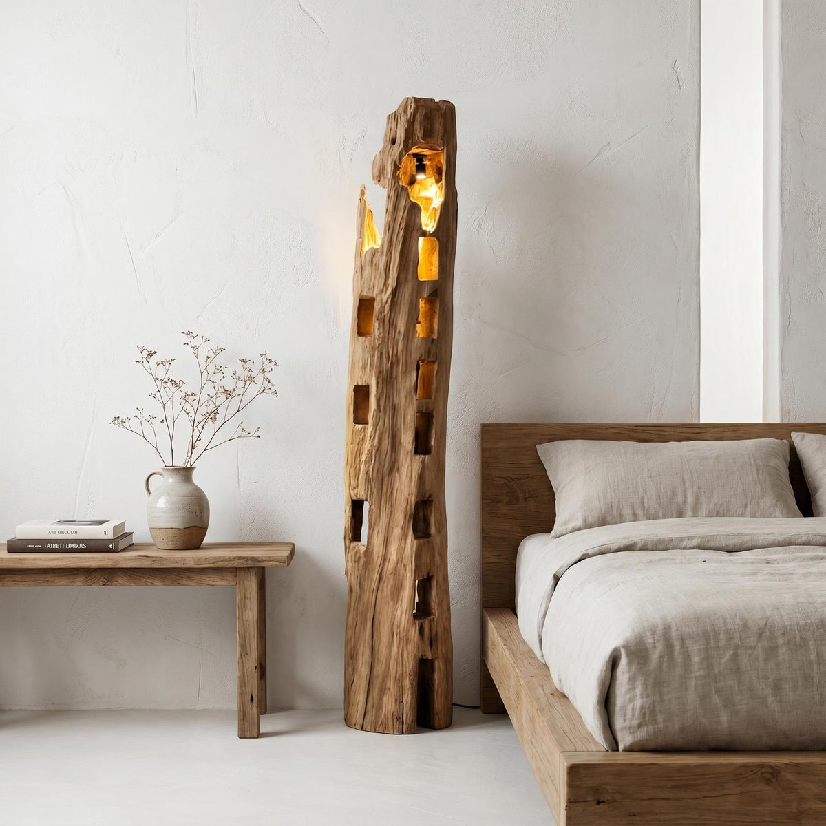 Rustic Wooden Floor Lamp with Natural Hollow Log Design, Tree Trunk Standing Lighting for Living Room & Bedroom