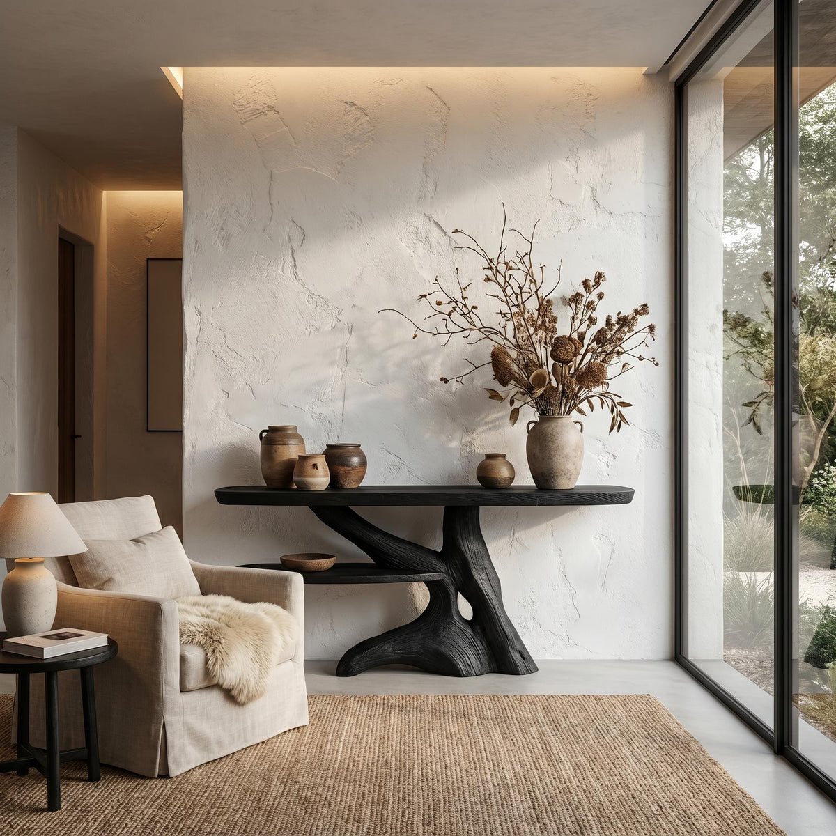 Contemporary Console Table with Sculptural Solid Wood Root Design, Handcrafted Live Edge Entryway & Hallway Table