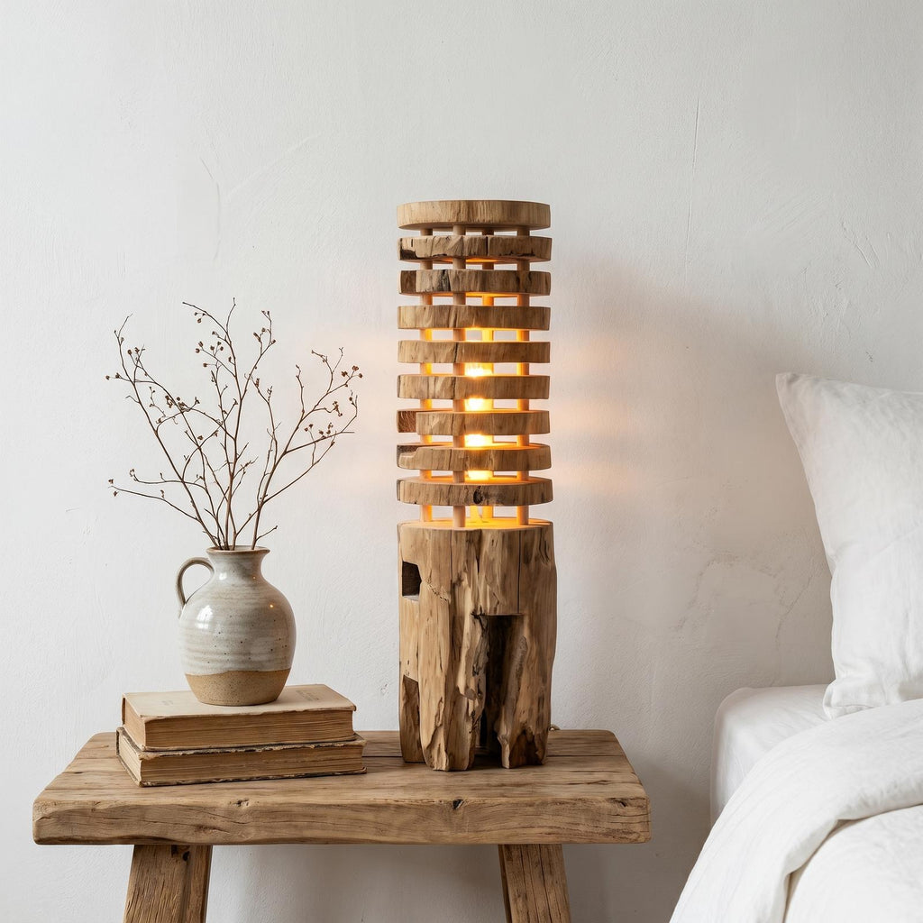 Rustic Log Floor Lamp with Sculptural Wooden Base, Natural Tree Trunk Standing Light for Living Room & Bedroom