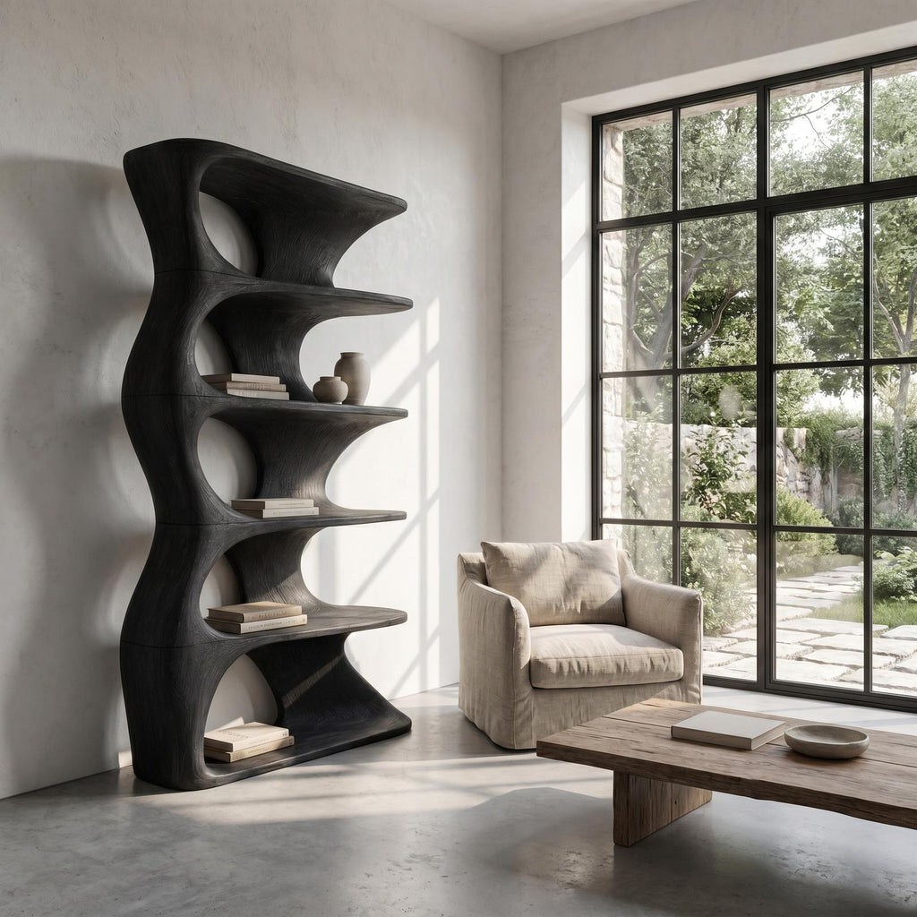 Organic Sculptural Wall Mounted Bookshelf with Curved Floating Wood Shelves, Decorative Wall Hanging Bookcase