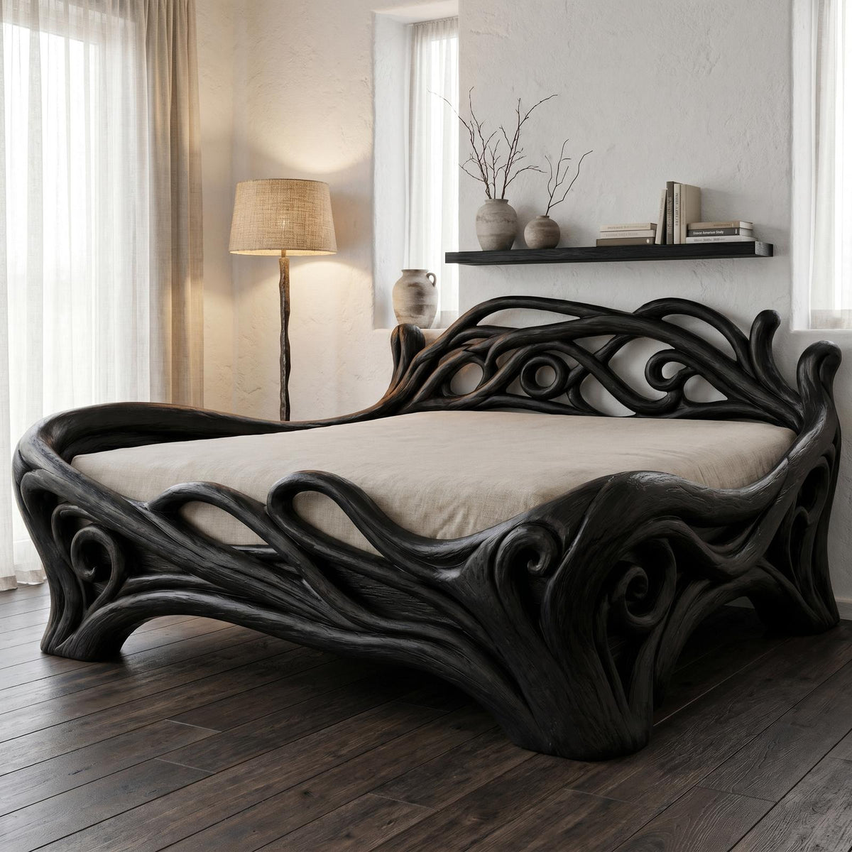 Spry Interior Organic Sculptural Bed Frame with Flowing Root-Inspired Wood Design, Unique Handcrafted Solid Wood Bed Frame - SINLHAWB121