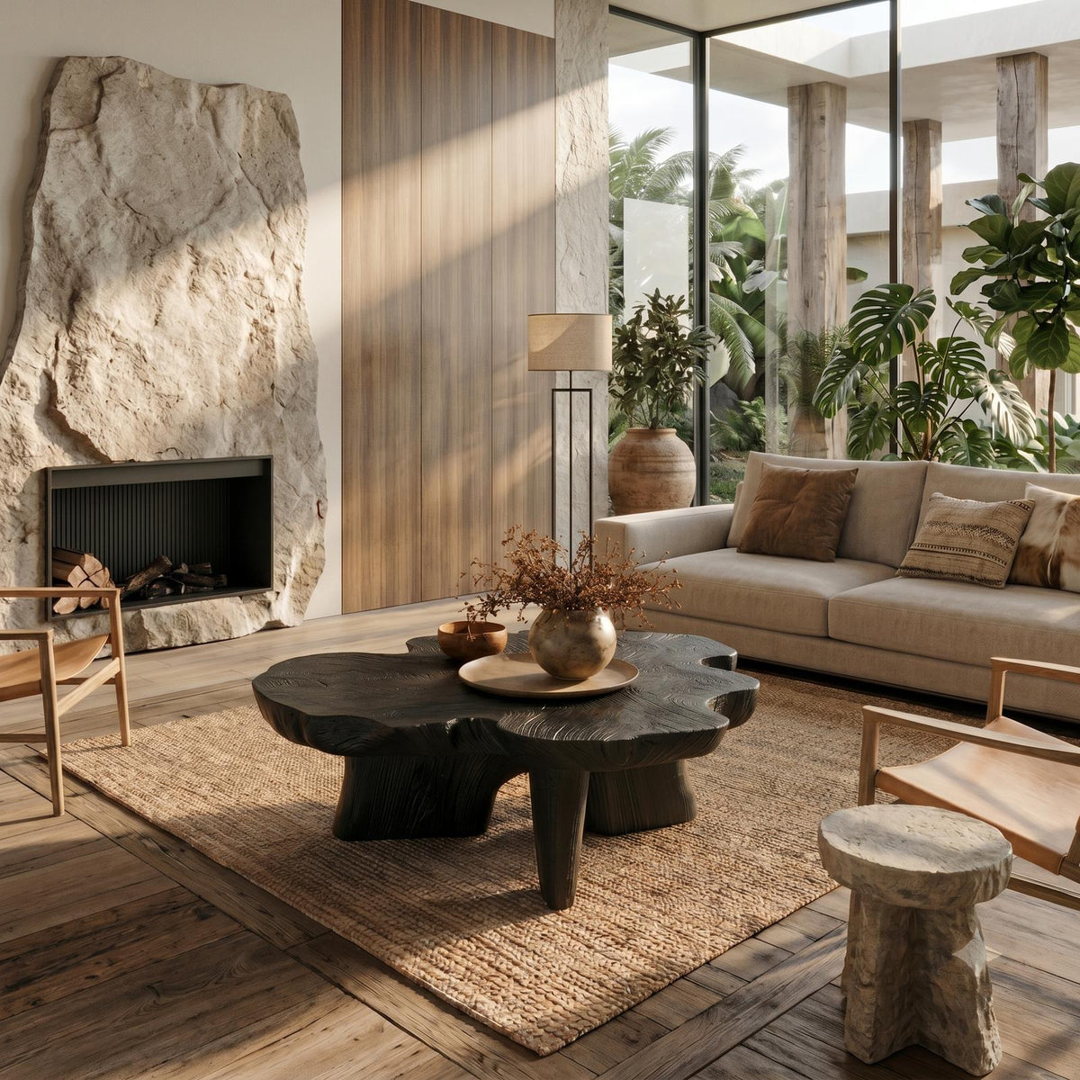 Organic Coffee Table with Sculptural Solid Wood Base, Modern Rustic Center Table for Living Room